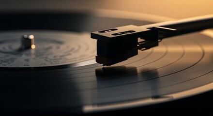Close-up of a vinyl record player needle on a record.