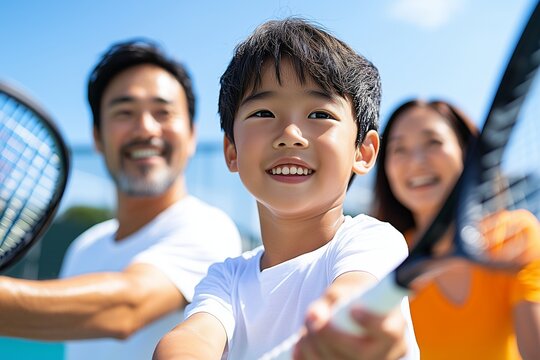 A photorealistic scene of a father and mother playing tennis with their son on a professional court. The boy is swinging a racket with concentration, while his father gives tips, and his mother claps