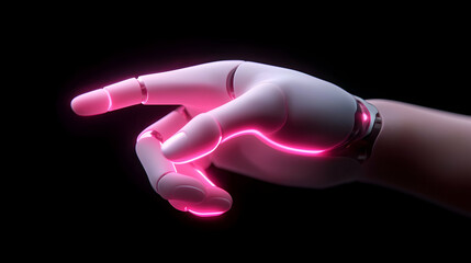 Obraz premium Cybernetic Hand with Pink Neon Lights in Futuristic Setting