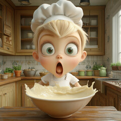 A surprised young chef with wide eyes and an open mouth stands in a cozy kitchen, shocked by a splashing bowl of batter.