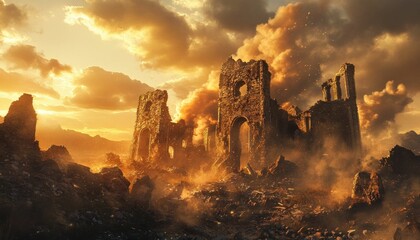 Whispers of Forgotten Empires: Crumbling Ruins Silhouetted Against a Golden Sky