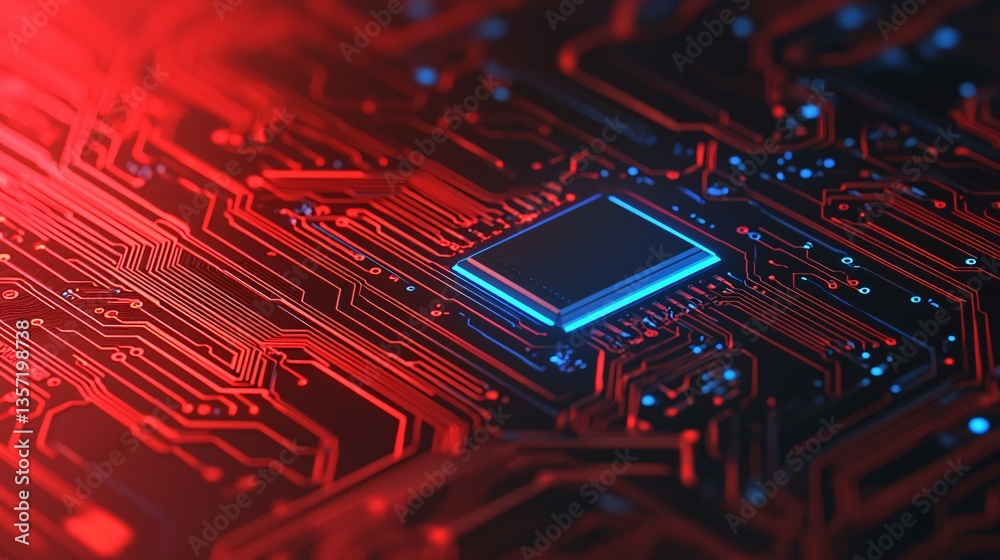 Wall mural abstract close up of illuminated circuit board with central processor red and blue technology