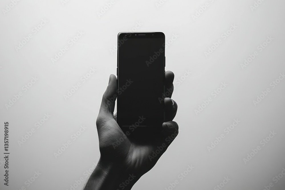 Poster a hand holds a smartphone with a blank screen against a gray background.
