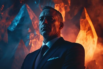 Fototapeta premium A man in a suit, dramatically lit against a fiery, crystalline backdrop. Powerful and mysterious.