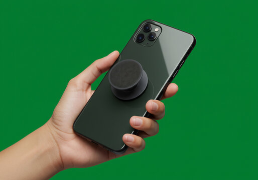 Hand Holding Dark Smartphone with Black Pop Socket Against Green Background