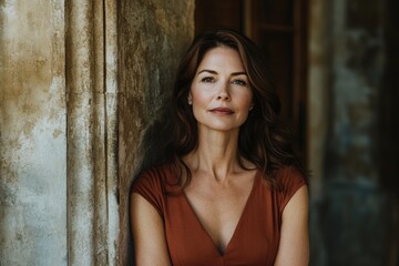 Naklejka premium A middle-aged woman with shoulder-length brown hair, wearing a rust-colored dress, stands confidently against a weathered stone wall.