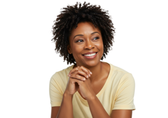 Happy woman with folded hands listening to teacher isolated on White background PNG transparent background