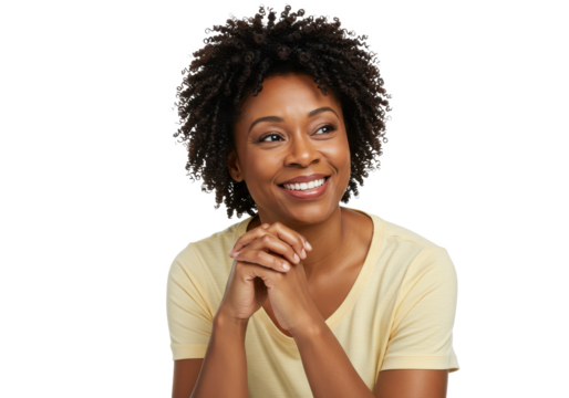 Happy woman with folded hands listening to teacher isolated on White background PNG transparent background - Powered by Adobe