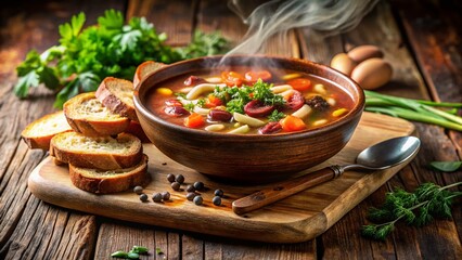 Hearty Sausage and Bean Soup - Rustic Wooden Bowl, Stock Photo
