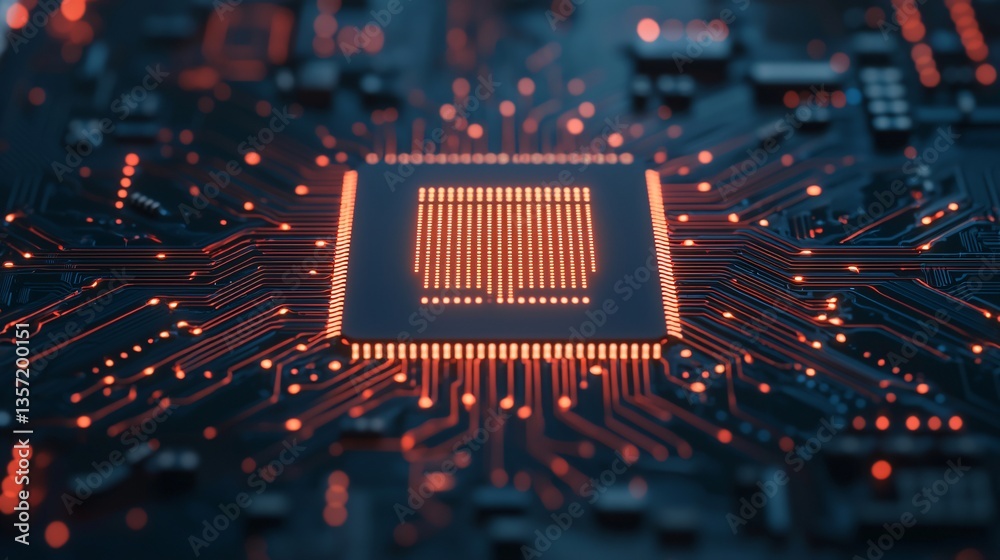 Wall mural illuminated central processing unit on circuit board technology background
