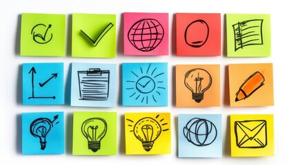 Colorful sticky notes with handdrawn icons for visual organization and reminders