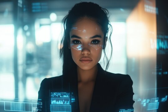 A young woman with futuristic technology projected onto her face, a powerful image of modern technology.