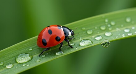 Ladybug on Green Leaf with Water Drops in a Macro Close Up Nature Scene
