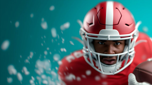 Focused American Football Player in Red Uniform Running