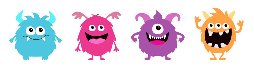 Monster set line. Kawaii cartoon funny character. Happy Halloween. Colorful silhouette monsters. Cute face with teeth, horns, eyes, hands. Childish baby collection. Flat design White background Vector