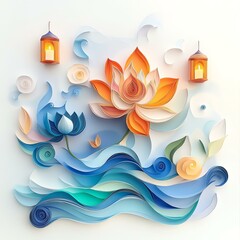 Obraz premium Colorful paper art of flowers and water waves.