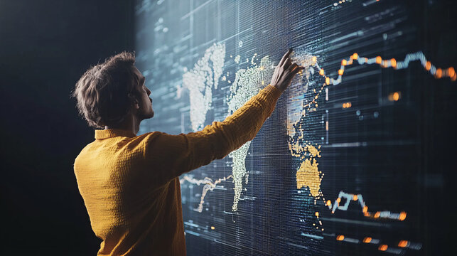 Navigating the Data Universe: An individual interacts with an advanced holographic interface, mapping out global trends and complex data, symbolizing the evolution of information and technology.