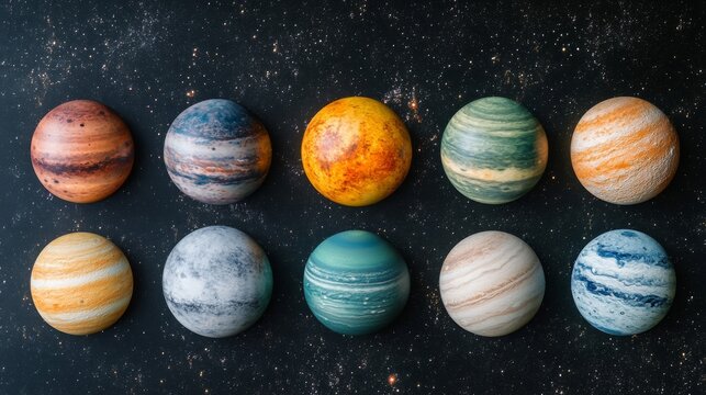 Ten Planetary Models Arranged Against A Starry Background