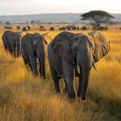 Fototapeta premium Herd of elephants walking across the savannah at sunset 