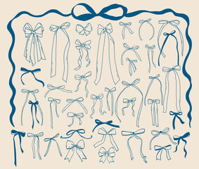 Set of blue hand drawn bows. Vintage line art ribbon gift. Cute coquette wedding trendy bow sketch. Vector outline illustration