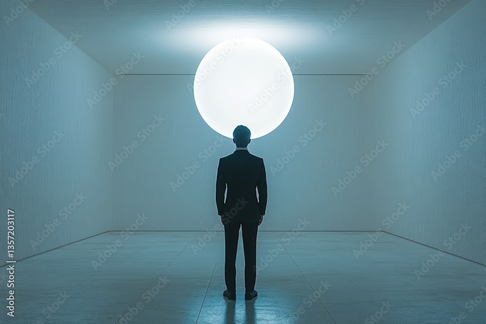 Poster a man in a suit stands before a large, luminous circle in a minimalist room, contemplating its ether