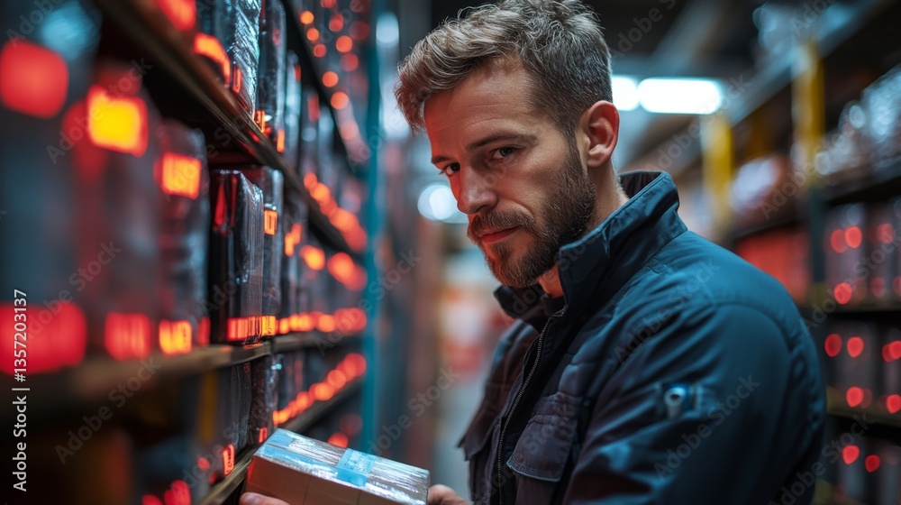 Poster Logistics expert inspects a package while surrounded by organized shelves of inventory in a well lit warehouse during evening operations focused on sorting and fulfillment tasks.