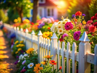 Fototapeta premium Charming Miniature Picket Fence with Blooming Flowers, Tilt-Shift Photography