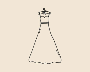 Line art wedding dress isolated. Whimsical coquette bride dress sketch. Marriage bridal trendy princess clothes. Vector outline illustration