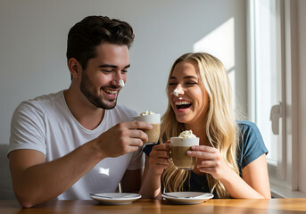 Una hermosa pareja joven con crema batida en la nariz y disfrutando del caf&eacute; vien&eacute;s.