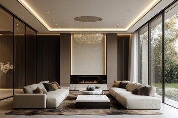 Modern Living Room Interior Featuring Comfortable Sofas and Fireplace
