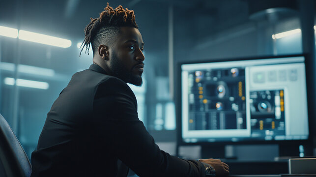 Tech Noir: An African American man in a modern, high-tech setting, immersed in the world of computers, and innovation, bathed in the cool tones of the room.