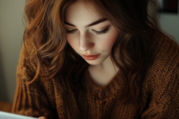 Naklejka premium A young woman with long brown wavy hair looks down, wearing a brown knitted sweater.