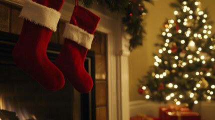Christmas Eve Cozy: An evocative scene of Christmas stockings hung by the fireplace and a fully decorated Christmas tree, creating an atmosphere of warmth and anticipation.