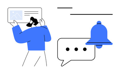 Individual holding a visual content card near speech bubble with three dots and a notification bell. Ideal for communication, teamwork, creative process, messaging, reminders, collaboration, alert