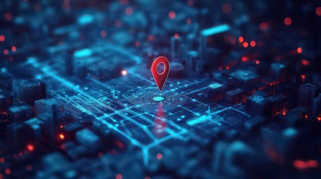 Searching location on map and pin above blue tone city scape and network connection, internet of things, satellite navigation system concept