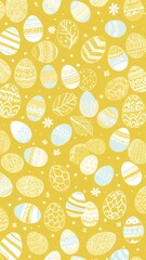 A yellow background with a pattern of white and blue Easter eggs.