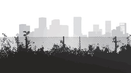 Fototapeta premium The image is a monochrome photograph depicting a cityscape in the distance, partially obscured by an overgrown foreground. The cityscape is rendered in shades of gray, with varying tones suggesting