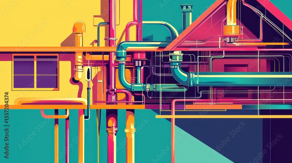 Poster a colorful plumbing vector showing a cross-section of a houseâ€™s water system.