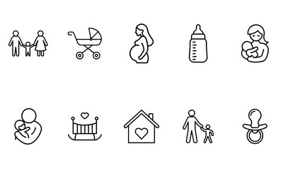 family and parenting icon set featuring outline vector illustrations
