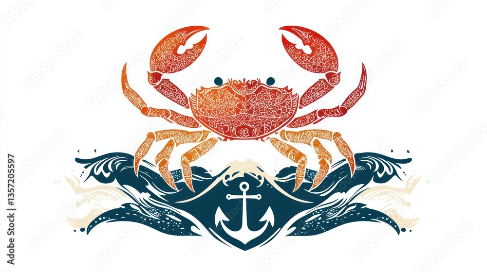 Poster A colorful vector crab icon with a nautical theme, featuring anchors and waves. 