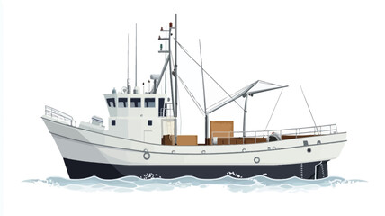 Digital illustration of a fishing trawler.  The vessel is predominantly white with a dark-colored hull. It features a small bridge, various rigging and masts, and visible cargo boxes on deck.  The