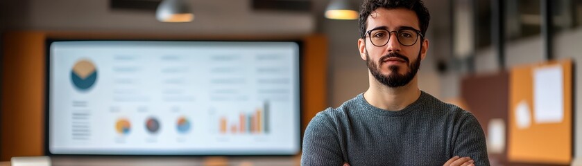 Man with glasses focused on computer screen, working, studying or engaging in digital tasks