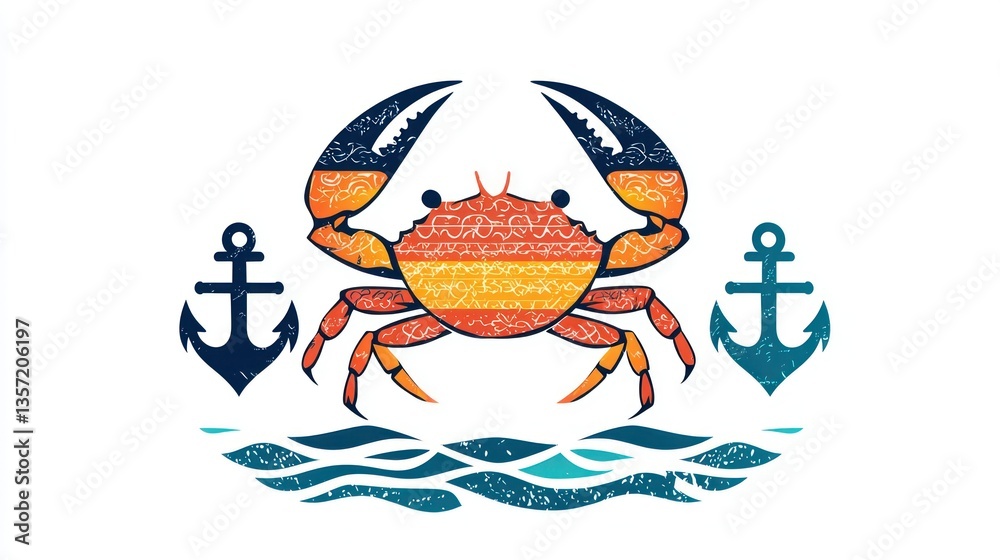 Poster A colorful vector crab icon with a nautical theme, featuring anchors and waves. 