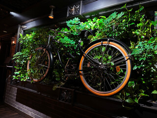 the bicycle is hanging on the wall