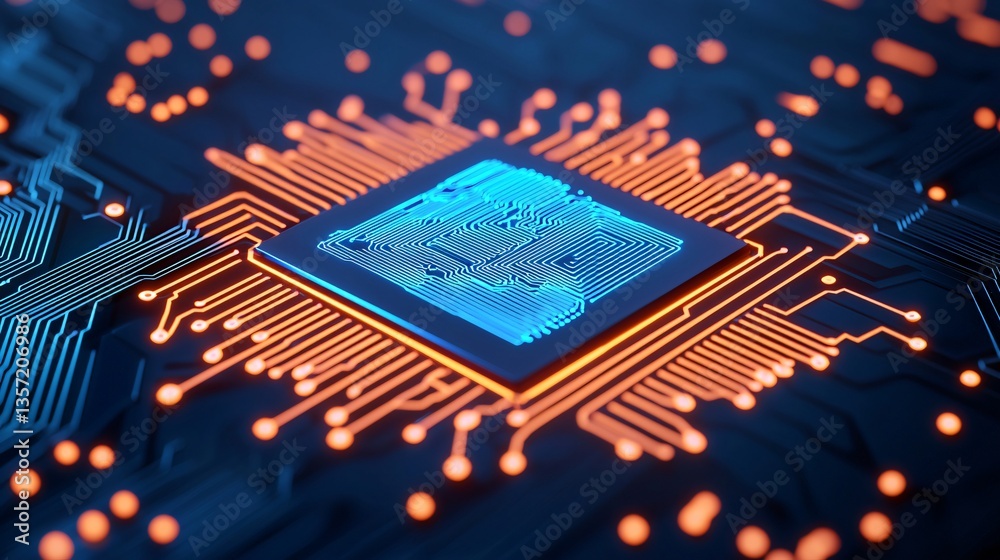 Wall mural futuristic microchip technology close up of advanced circuit board with glowing blue processor