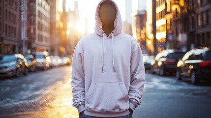 An eye-catching hoodie mockup styled on a trendy mannequin, against a vibrant backdrop of a sunlit urban environment, showcasing fashion in a lifestyle context with colorful elements.