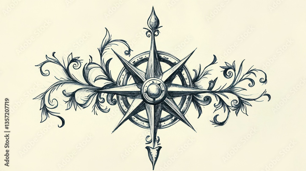Poster A compass drawing with artistic embellishments, such as vines and scrollwork. 