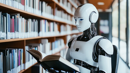 robot ai sits in the library and reads a book. Concept of text generation, AI training and information systematization