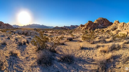 Obraz premium Exploring Arid Desert Landscape with Rocky Outcrops and Bright Sunlight