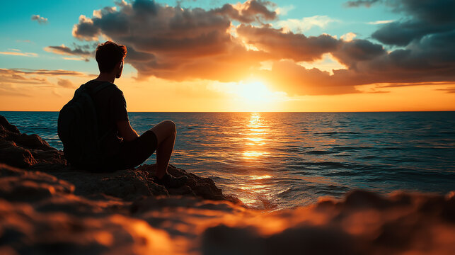 Young backpacker watching golden sunset over calm ocean from rocky coast